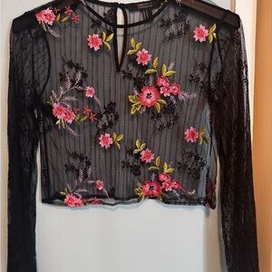 Forever 21 Black Lace Top with Pink Floral Embroidery